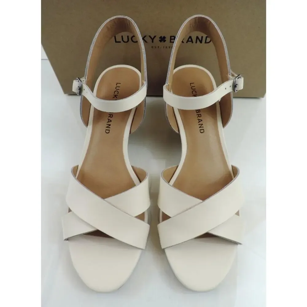 Women's Shoes Lucky Brand Jaidan Low Wedge Sandals Leather Linen Beige Size 10